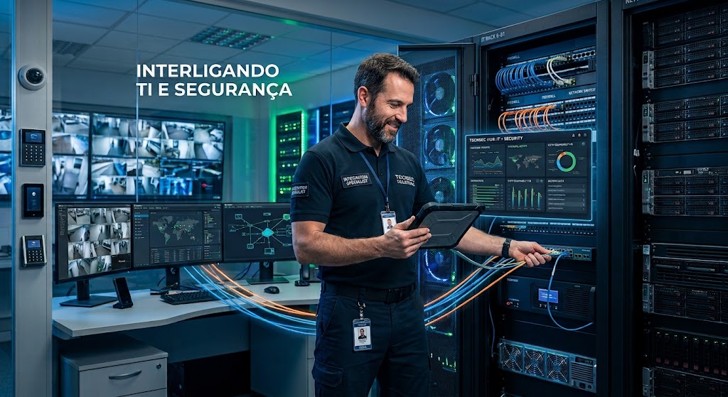 Técnico da Plenuss Tecnologia realizando manutenção em rack de servidores